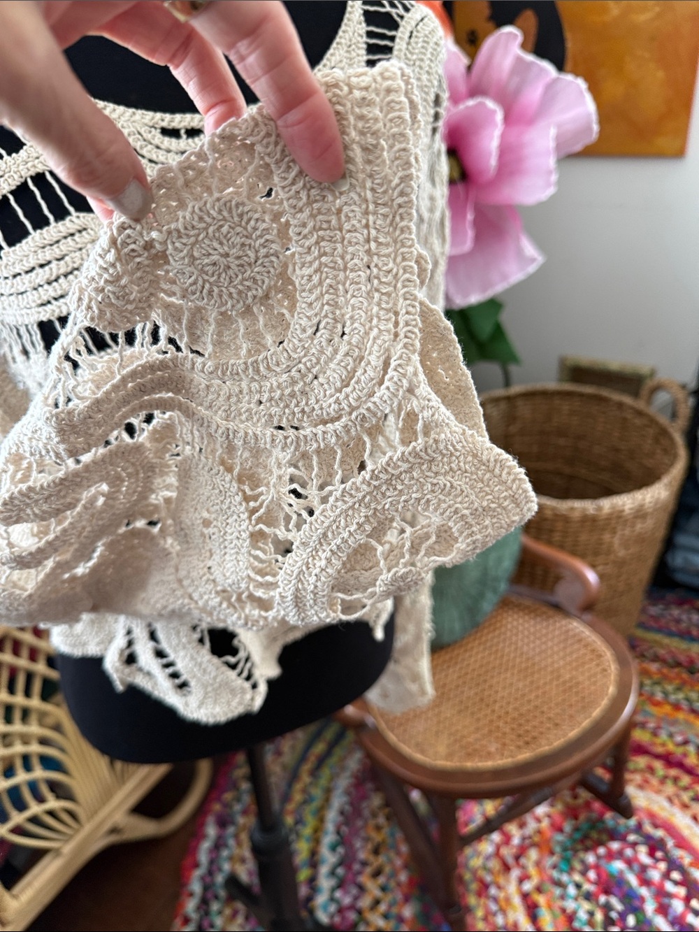 Commense Cream Crochet Cropped Long Sleeve Tulip Cuff Boho Hippie Blouse Top - Picture 3 of 5
